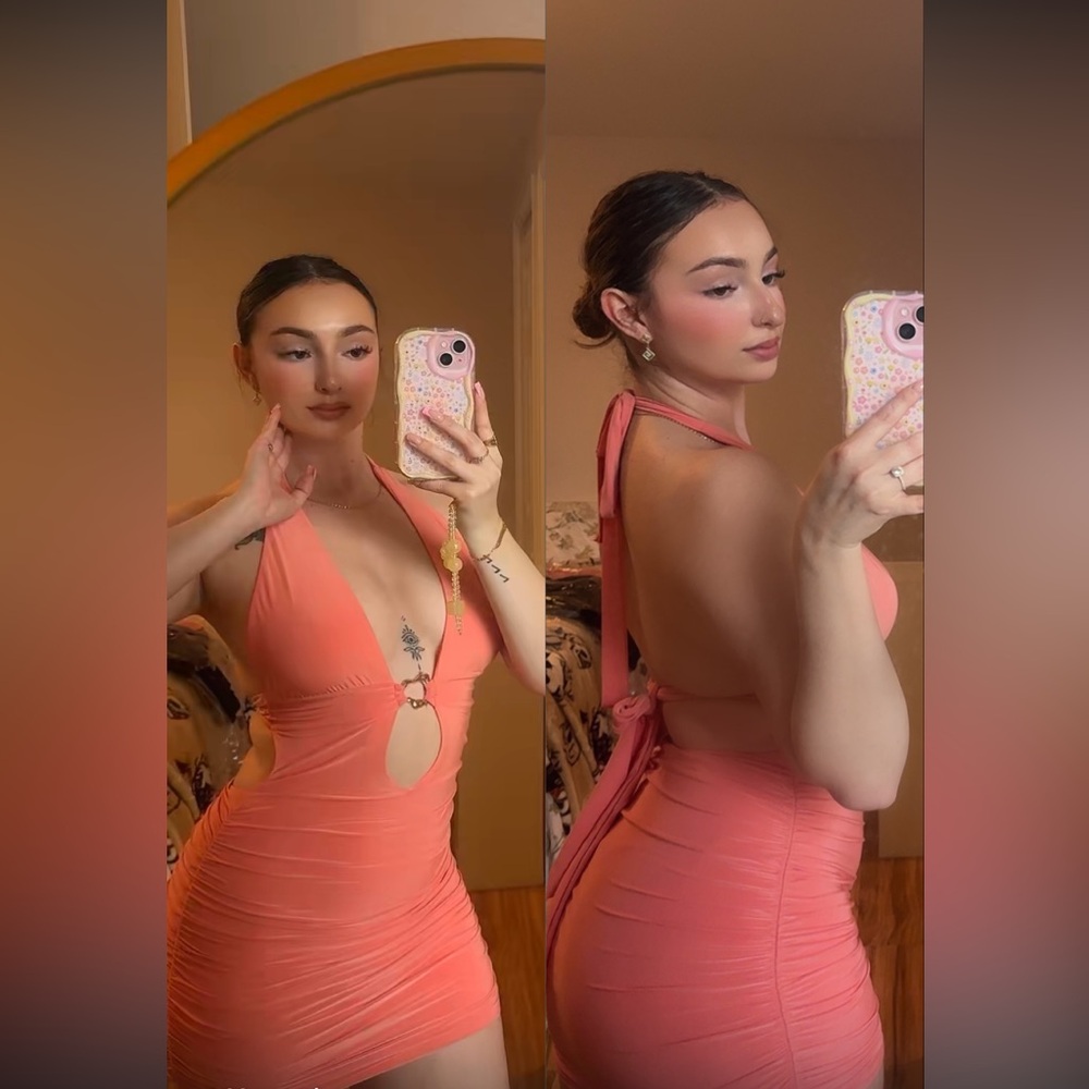 Backless Halter Mini Dress in Coral